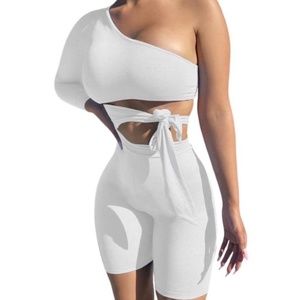 One shoulder Single Cut Out Short Set. White